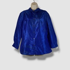 Blusa Top Carolina Herrera Para Mujer Azul Seda Crujiente Tafetán Abotonada Talla 16