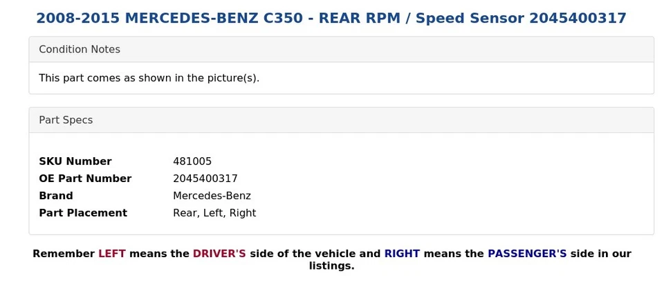 Mercedes-Benz C350 2008-2015 - RPM TRASERO/Sensor de velocidad 2045400317 Foto 4 de 4