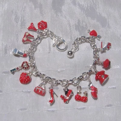 BRACELET ARGENTÉ 16 BRELOQUES émaillées rouges - Cherchez la femme - Photo 1/4