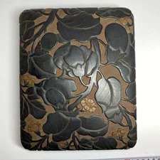 Plant pattern Old Wooden Box Lacquer Case 8.8 x 7.2 x 1.7 inch Japanese Antique