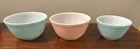VINTAGE PYREX NESTING MIXING BOWLS TURQUOISE (2) 401, 402  (1) FLAMINGO PINK 402