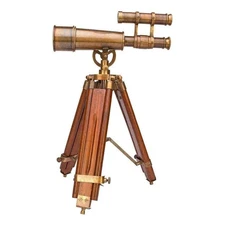 Marine Navy Double Barrel 10" Brass Telescope with Wooden Tripod Stand Nautical