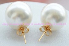 Stunning Big 12mm Round White South Sea Shell Pearls Gold Stud Earrings