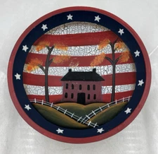 Patriotic Wood Bowl Hand Painted Folk Art Country House And Fence Primitive