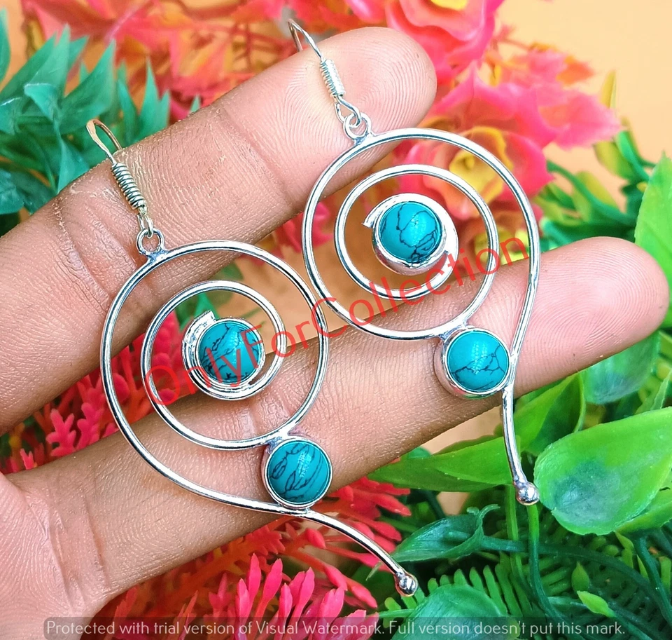 Pendientes 1 par de piedras preciosas turquesa verde enchapados en plata de ley 925 ilusión giratoria Foto 3 de 3