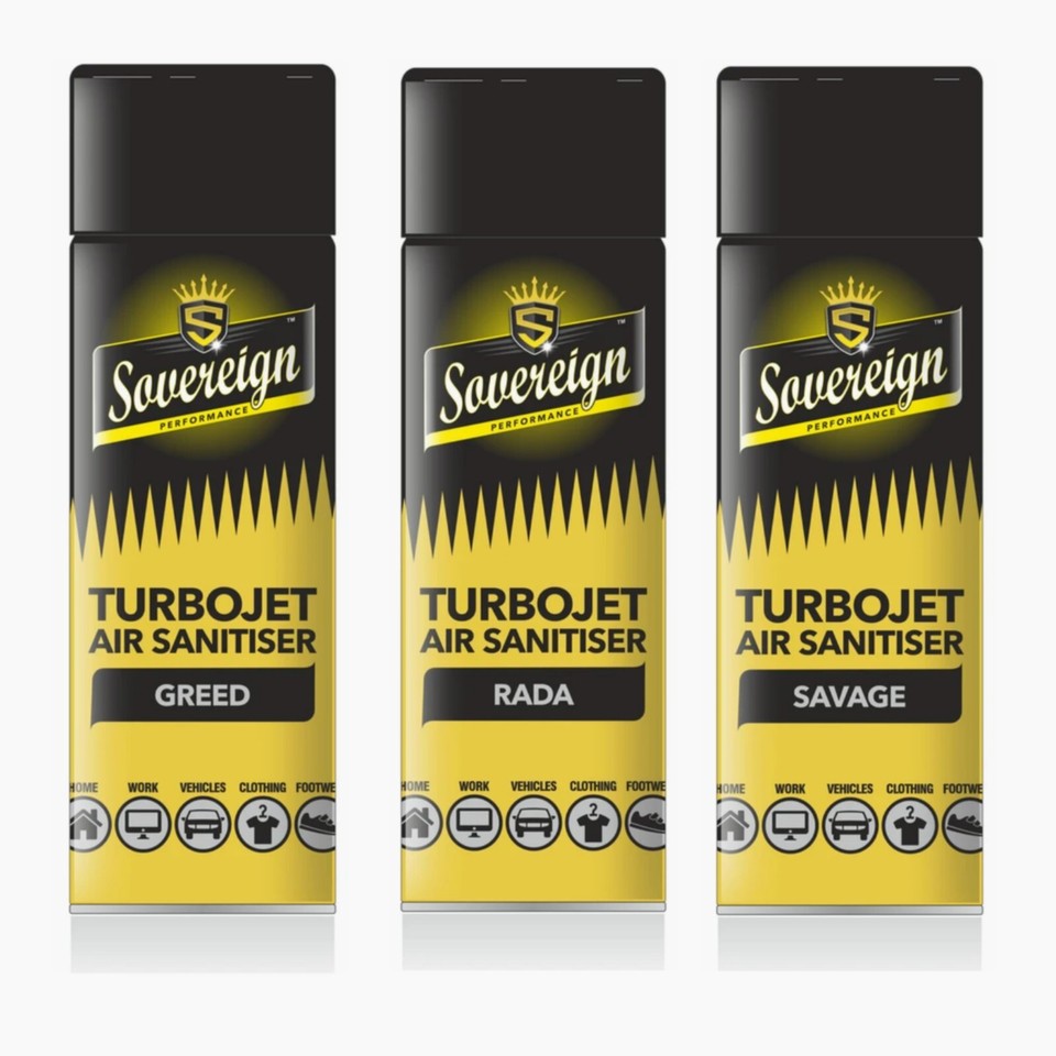 SOVEREIGN TURBOJET AIR FRESHENER SPRAY SANITISER MIX PACK OF 3 SAVAGE