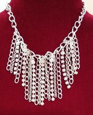 Beautiful Silver Tone 15-18" Choker-Style Necklace Dangling Chains Rhinestones
