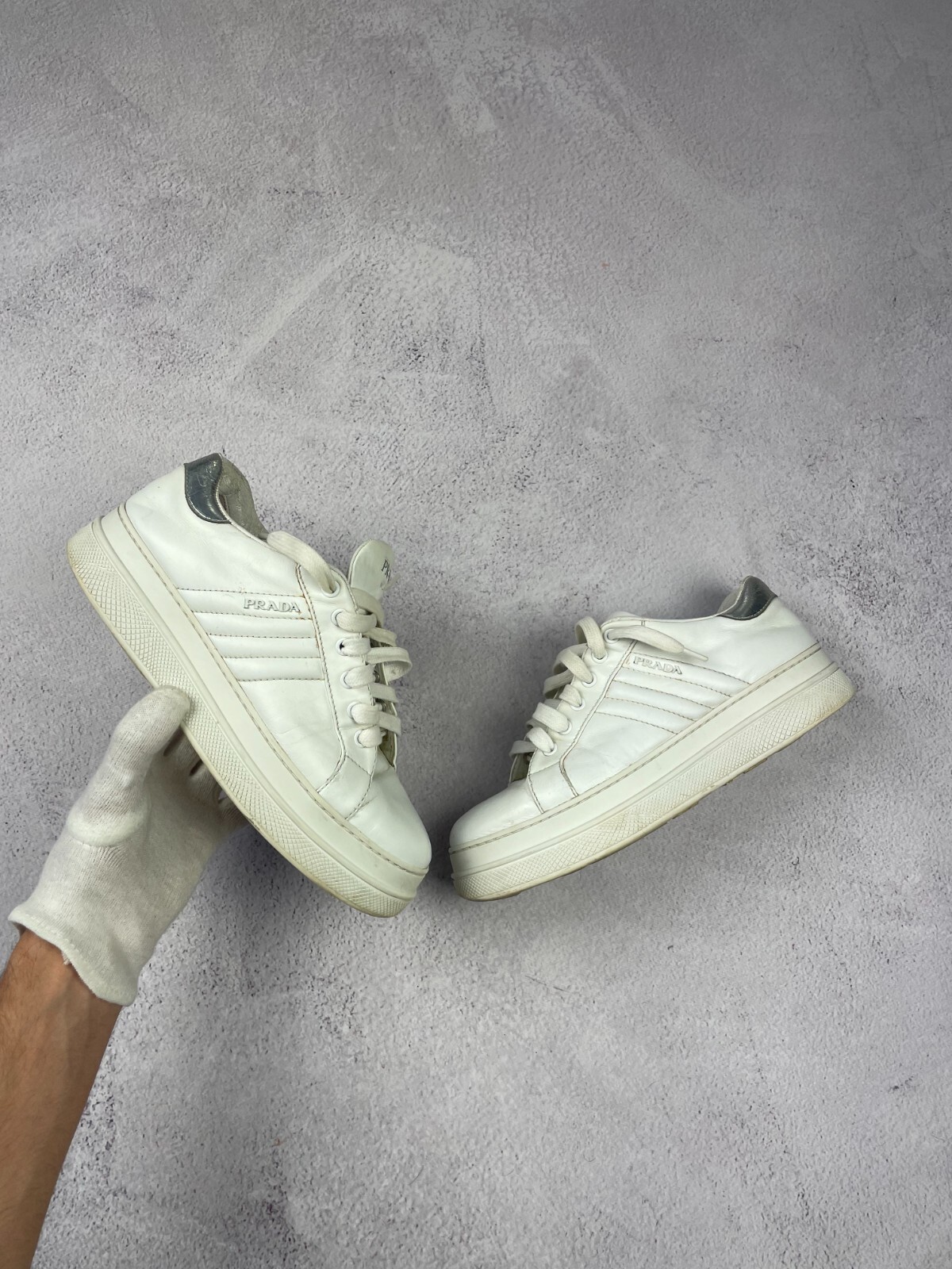 Prada Silver Logo Sneakers in White Leather Size EU 38.5  US 8