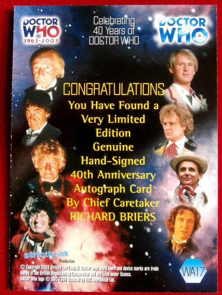 DR WHO - RICHARD BRIERS - Chief Caretaker - Personally Signed Autograph Card - Image 2 of 2