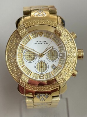 Aqua Master Men's Black Dial Gold Tone Chronograph Diamond Quartz Watch W#96 