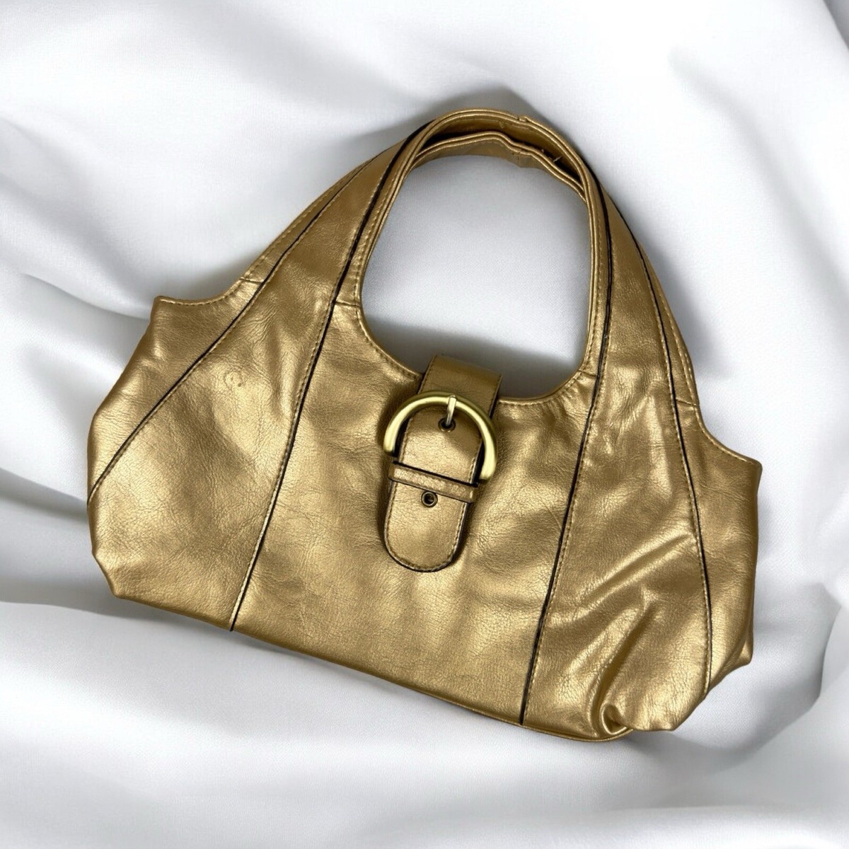 Gold Metallic Faux Leather Top Handle Purse Bag Buckle Y2K