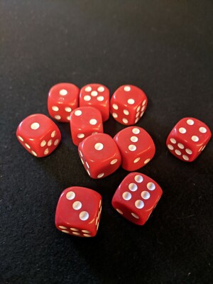 10 pack 16mm RED Dice -Opaque - White pip - Rounded Corners