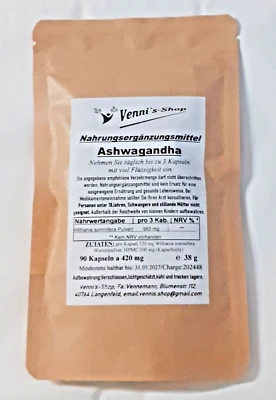 Ashwagandha 90 Kapseln à 420 mg 100 % Rohkostqualität, vegan, vennis-shop