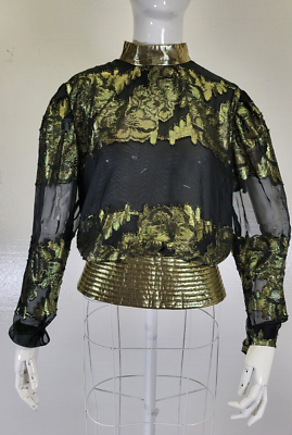 Gold Lame' And Black Sheer Vintage Blouse Size 4 1980's Gold Lame' And Black Sheer Vintage Blouse Size 4 1980's
