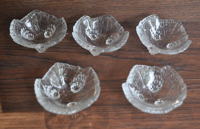 SALT CELLAR SET OF 5 CLEAR PRESSED GLASS 2 1/2 INCH  BY 1 INCH HIGH LEAF PATTERN