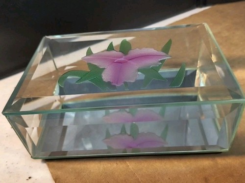LEFTON Flower ETCHED Glass TRINKET BOX 07628 6"X4"