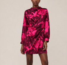 ZARA Pink Floral Satin Mini Dress Draped Long Sleeve Cocktail Party L