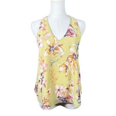 Three Eighty Two Womens Floral Halter Tank Top Yellow V-Neck Racerback XS