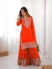 Georgette Orange Pearls Punjabi Sharara Palazzo Kurti Plazzo Moti Shalwar Kameez