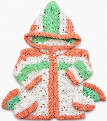 Handmade Crochet Baby Sweater Booties Set Peach Mint 3-6M Hooded