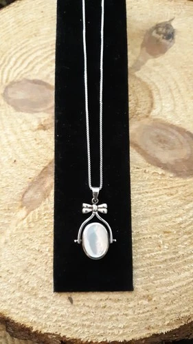 Sterling 925 Double Side  Mother Of Pearl & Black Onyx Pendant On Sterling Chain