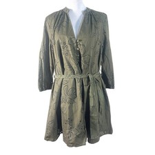 Zara Womens Olive Green Eyelet Embroidered Cotton Mini Dress Tie Waist New S