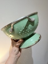 Vintage Green Enamel Colander for Farmhouse Kitchen or Cottage