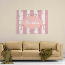 Personalised Name Pink Stripe Bow Canvas Wall Art Nursery Custom Colour Gift