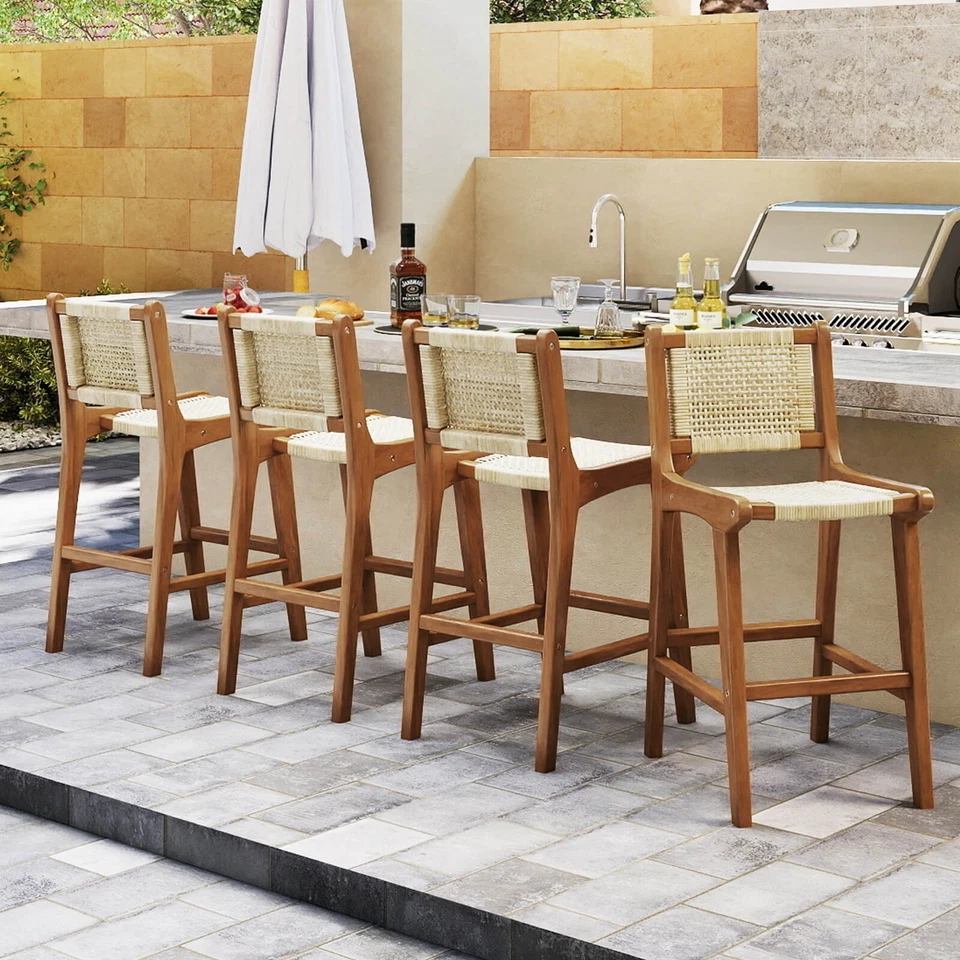 2PCS Outdoor Counter Height Bar Stool w/Wood Frame Back &Footrest for Balcony - Image 4 of 4