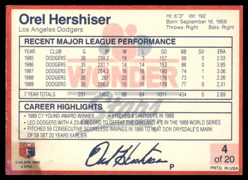 1990 Wonder Bread Stars Orel Hershiser Los Angeles Dodgers #4 - Picture 2 of 2