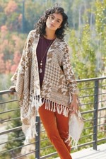 Soft Surroundings Kensington Fringe Kimono Poncho Ivory Gold Womens O/S NEW 80