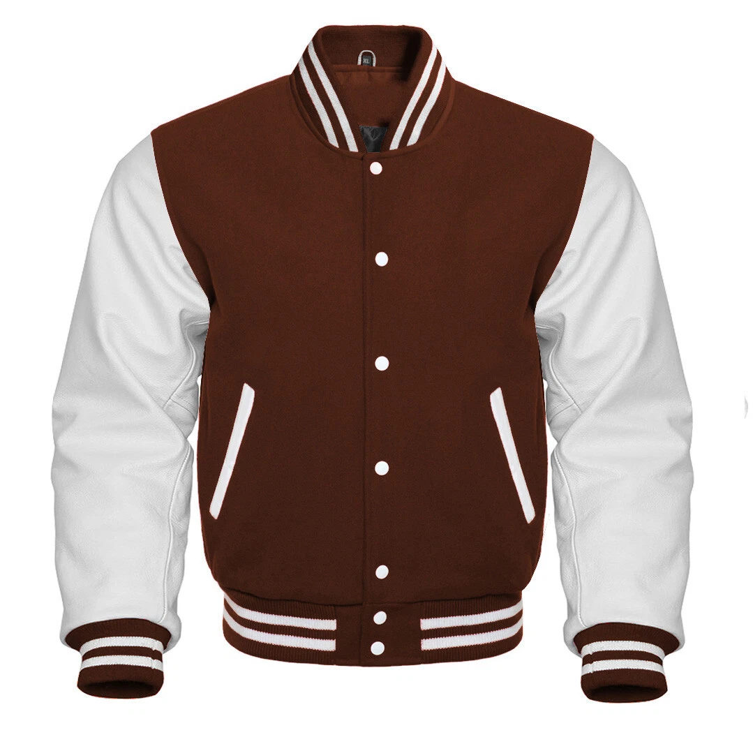 Men's Letterman Basketball Varsity Dark Brown Wool White Leather Sleeve Jacket