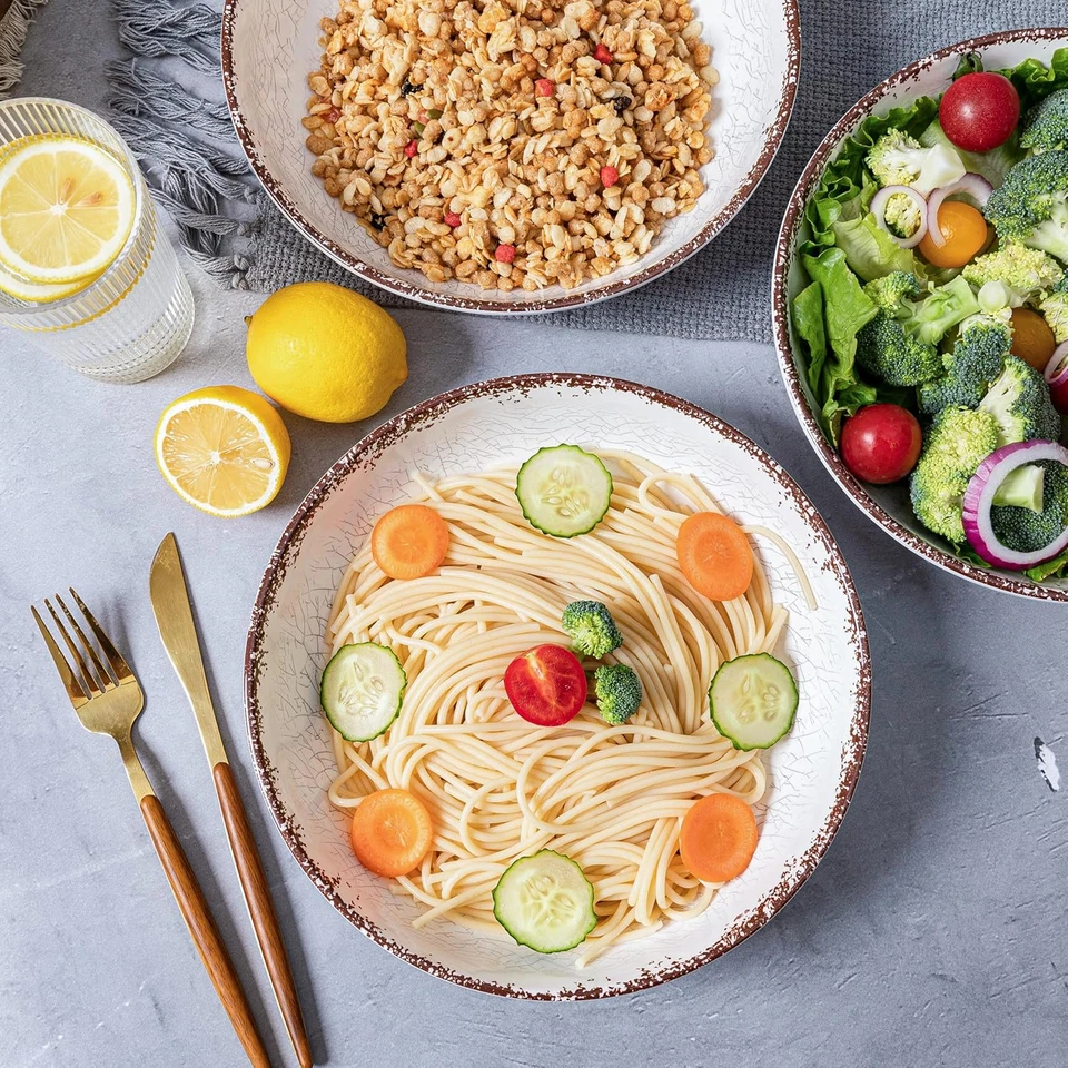 Tigelas de macarrão LEHAHA Farmhouse, conjunto de 6, tigela rasa branca rústica 42 oz - Imagem 3 de 4