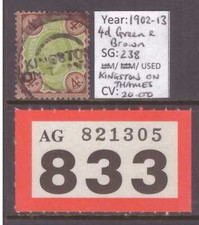 LOT #R833 - SG238 - 4d Green & Brown - Kingston On Thames cancellation - 1902-13