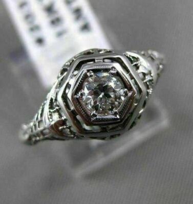 ANTIQUE .40CT OLD MINE DIAMOND 18KT WHITE GOLD 3D FILIGREE ENGAGEMENT RING 20335