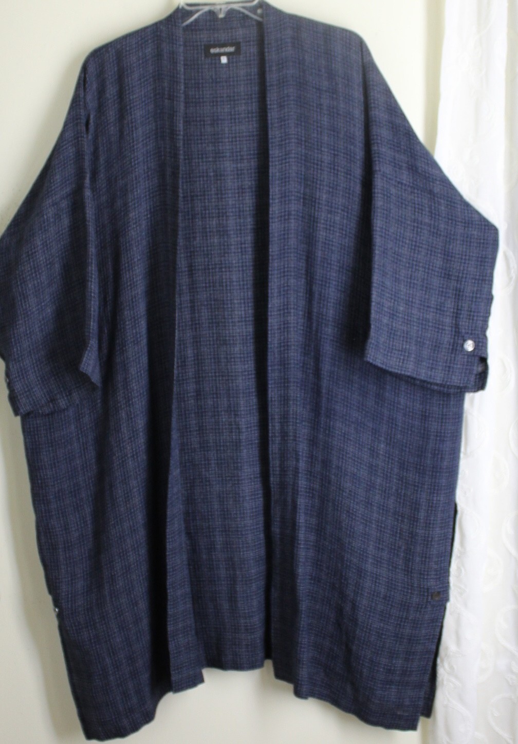 New Eskandar 0 OS Navy Check Crinkle Gauze Linen Lightweight 43"L Duster Jacket image 6
