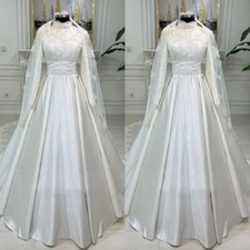 Muslim Wedding Dresses Long Sleeves High Neck Lace A Line Satin Bridal Gowns