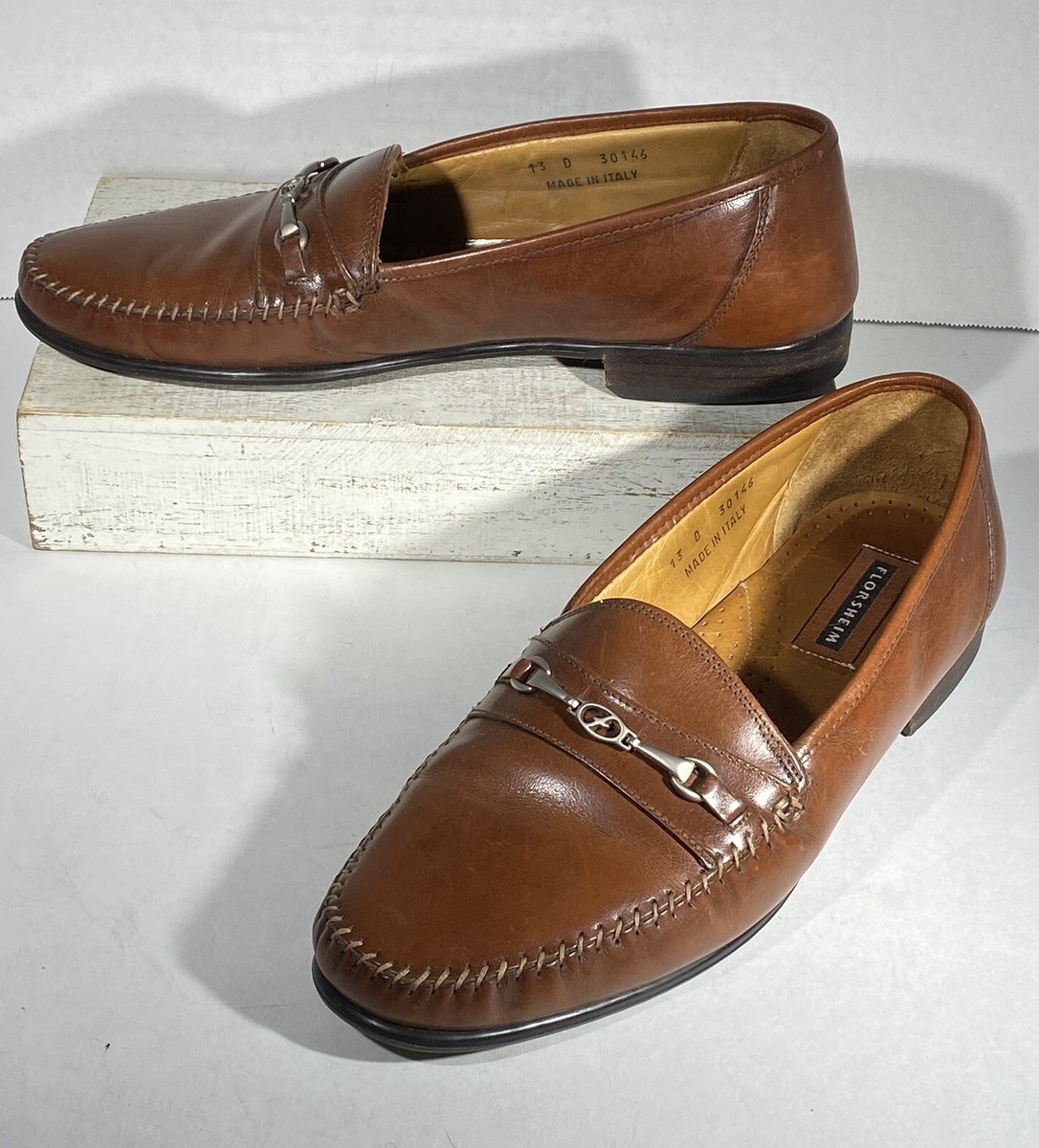 FLORSHEIM Brown Leather Embossed Horse Bit Dress Moc Loafers 
