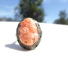 ANTIQUE VICTORIAN 800 SILVER SIGNED CRUDE CORAL CARVED LADIES FACE RING SIZE 5