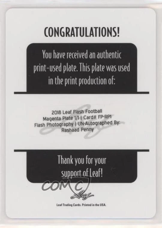 2018 Leaf Flash Printing Plate Magenta Unsigned 1/1 Rashaad Penny Rookie RC sd0 - Image 2 of 3