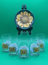 Set Of 5 Vintage CRISA Sunflower Juice Glasses Sunsations & Handmade Garlic Dish