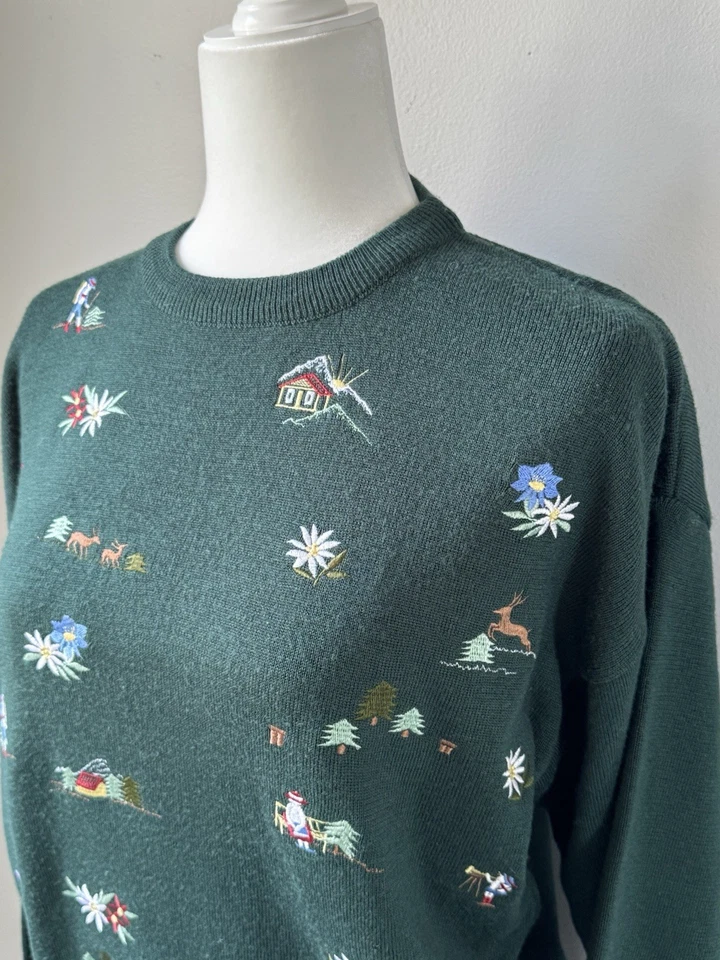 Suéter de esquí alpino vintage Meister de lana bordado para mujer verde medio Foto 3 de 4