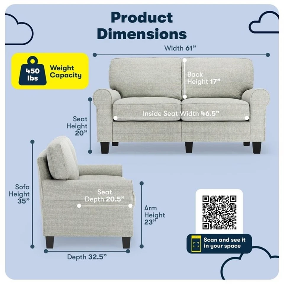 Sofá Loveseat Serta Copenhagen 61" Brazo Enrollado con Fundas Extraíbles Gris Guijarro Foto 3 de 4