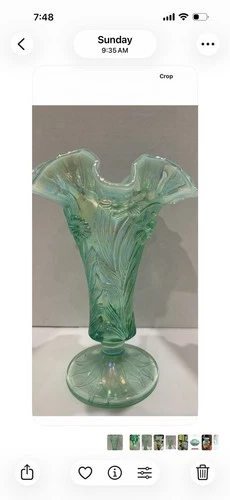 Beautiful Fenton Sea Mist Iridescent Green Glass Ruffled Edge Vase