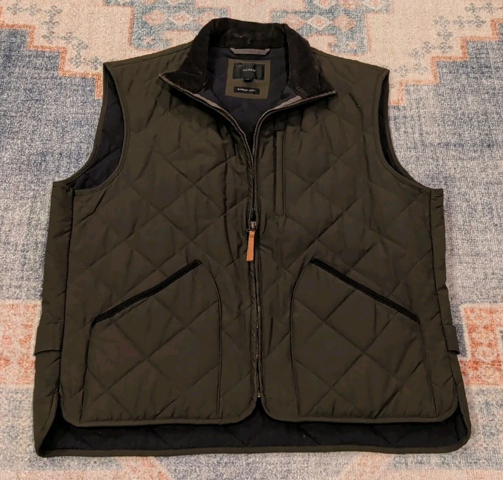 J Crew Vest Mens Large Green Sussex Full Zip Corduroy Collar Quilted Outdoors