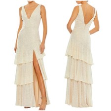 Mac Duggal NWT Iridescent Sequin Asymmetrical Ruffle Tiered Gown Sz 6 Side Slit