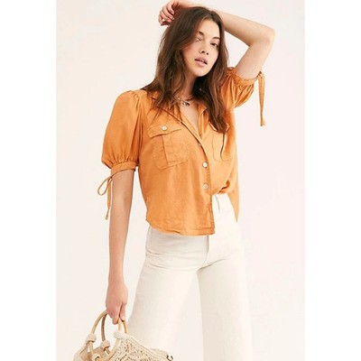 Free People SAFARI BABE Short Sleeve Top Shirt in Peach Pit Orange Size M NWOT