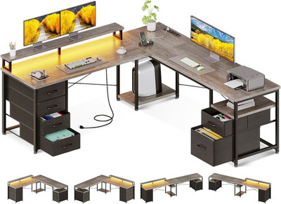 66'' L Shaped Desk 113'' Computer Desk LED Power Grey Home Office