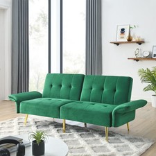 78 Velvet Futon Sofa Bed Convertible Folding Folded Armrests Storage Bags Green