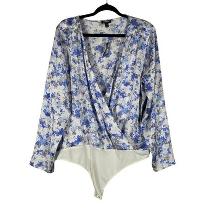 NWT Express Surplice Floral Print Bodysuit Blue White Long Sleeve Size XL